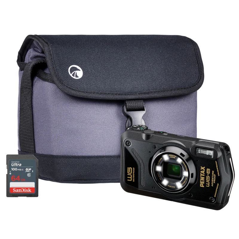 Image of Pentax Pentax WG-8 20MP 5x Zoom Tough Compact Camera - Black (Camera + 64GB SD Card + Case) 01509+SANDISKBAG