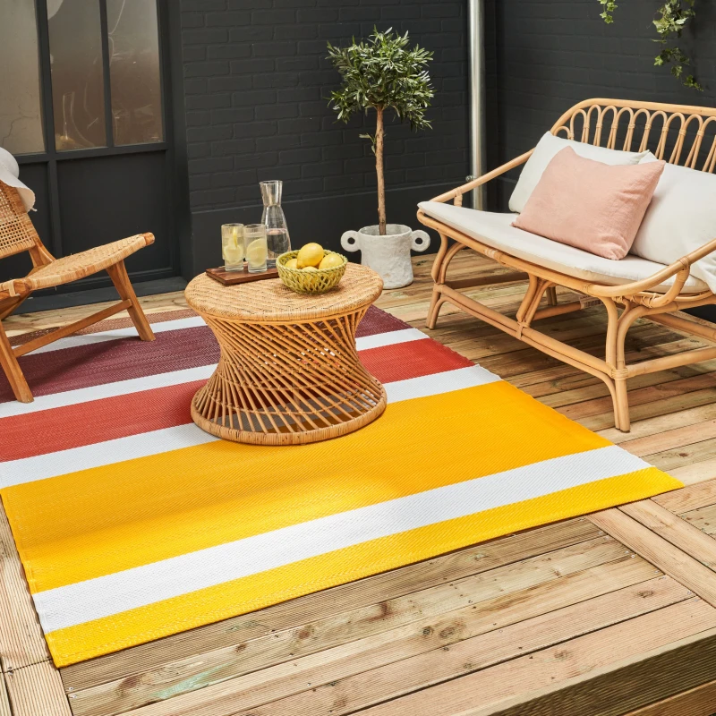 Image of THE RUGS Waterproof Plastic Outdoor Rugs for Garden Patio Balcony Camping - Striped - Rainbow 1030 Yellow Size: 180cm x 270cm Yellow Unisex 180 cm