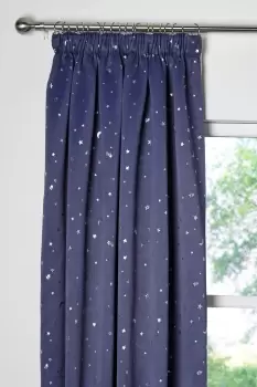 Image of Moon and Stars Lined Thermal Blackout Pencil Pleat Curtains - Size: 66x54" - Blue