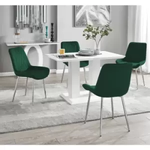 Image of Furniturebox UK - Furniturebox Imperia 4 High Gloss White Modern Dining Table And 4 Green Pesaro Velvet Dining Chairs With Silver Legs Diamond