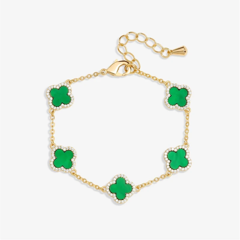 Image of Jon Richard Gold Plated CZ Malachite Clover Bracelet Chain Bracelets One Size Gold 41976610000