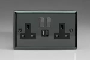 Image of Varilight 2-Gang 13A Single Pole Switched Socket with Metal Rockers with 2x5V DC 2100mA USB Charging Ports - XI5U2SDB