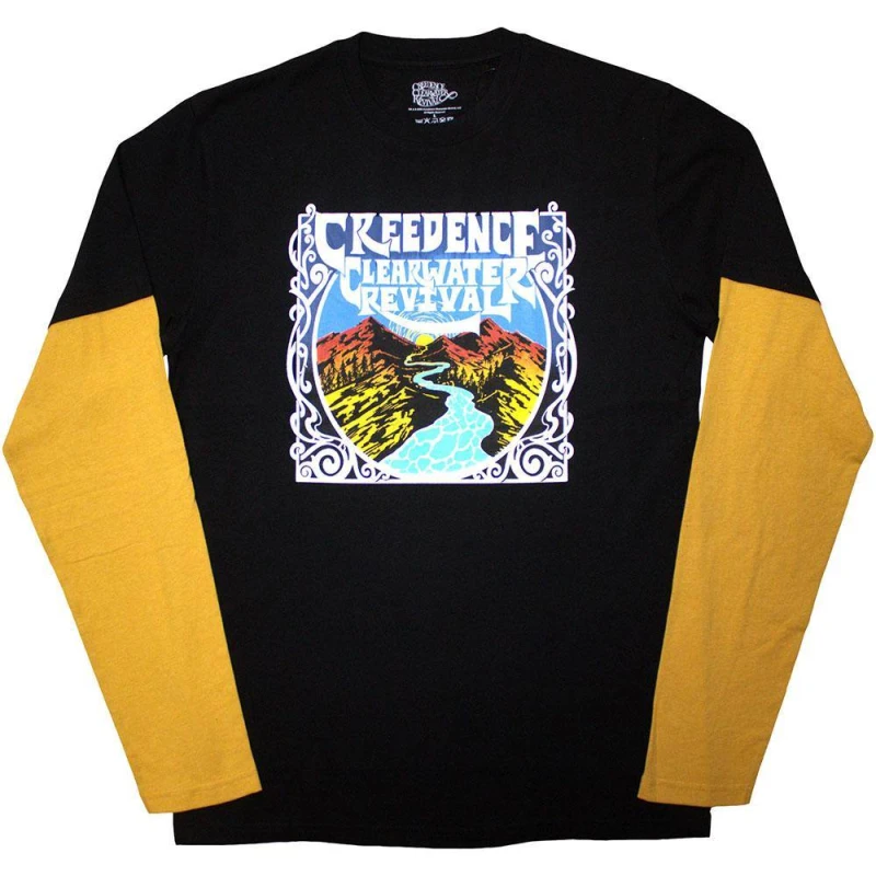 Image of Creedence Clearwater Revival Mens River Layered Long-Sleeved T-Shirt in Black Size: 2XL Black Male 2XL