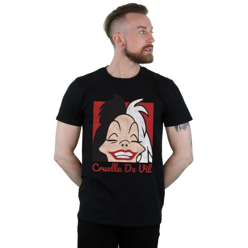 Image of Disney Men Cruella De Vil Cropped Head T-Shirt in Black Size: Small Black S Male 5057864248074