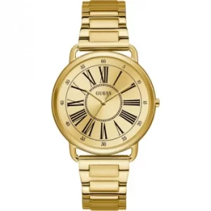 Image of GUESS Ladies gold watch with gold roman numeral dial.
