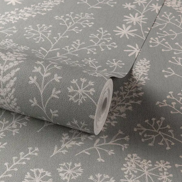 Image of Grandeco Astrid Embroidery Stitch Foliage Trail Wallpaper Grey