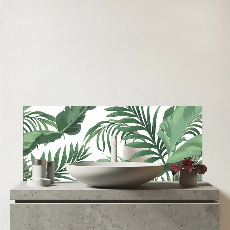 Image of Warren Reed - Designer Trendy Tropical Leaves Glass Bathroom Splashback in Green Green Unisex
