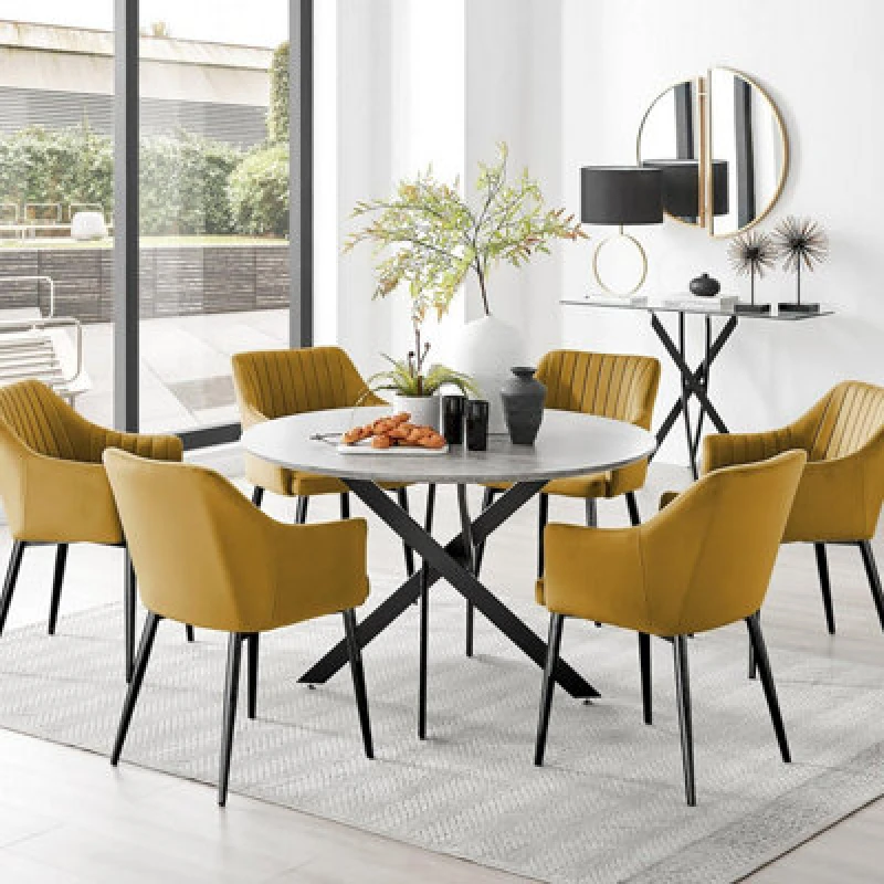 Image of FurnitureboxUK FurnitureboxUK Novara Grey Concrete Effect Black Leg 120cm Round Dining Table & 6 Calla Black Leg Chairs in Mustard Mustard One Size Un