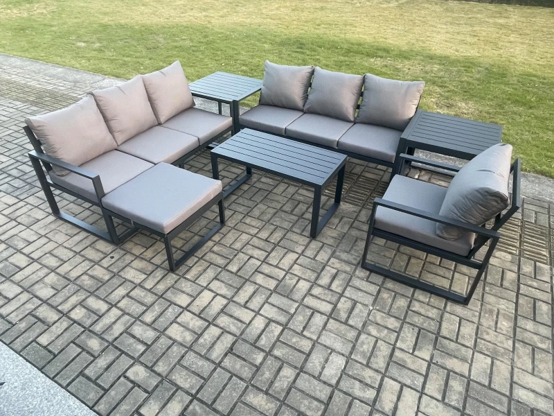 Image of Fimous Aluminium 8 Seater Garden Furniture Outdoor Patio Sofa Set with Rectangular Coffee Table Armchair Big Footstool 2 Side Tables in Dark Grey Dark