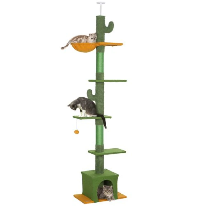 Image of PawHut 230-275cm Floor-to-Ceiling Cat Tree for Indoor Cats w/ Cat House, Green D30-875V00GN