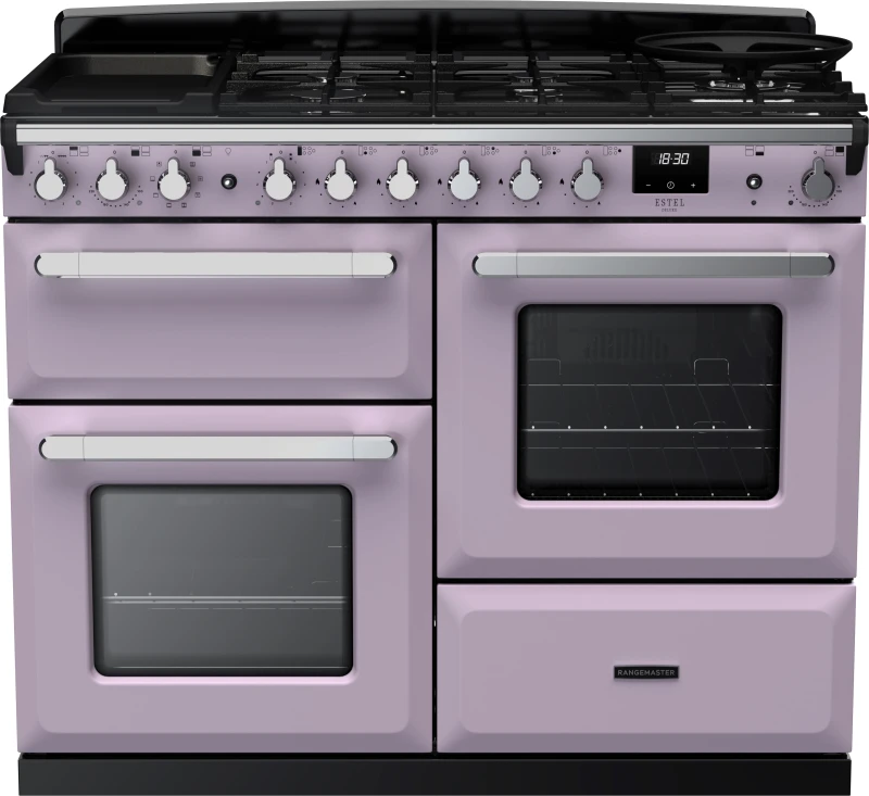 Image of Rangemaster Estel Deluxe ESDLO110DFPHTH/CM1 110cm wide Dual Fuel Range Cooker with Gas Hob - Heather / Chrome - A/A Rated
