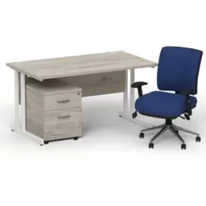 Image of Impulse 1400 x 800 White Cant Office Desk Grey Oak + 2 Dr Mobile Ped & Chiro Med Back Blue W/Arms