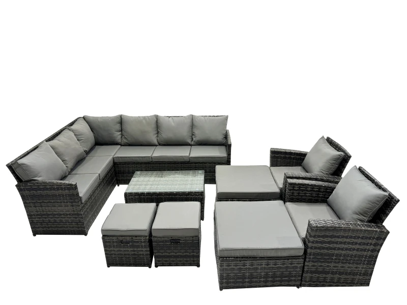 Image of Fimous 12 Seat Poly Rattan Corner Sofa Sets with 4 Stools 2 Chairs in Dark Grey Dark Grey Unisex