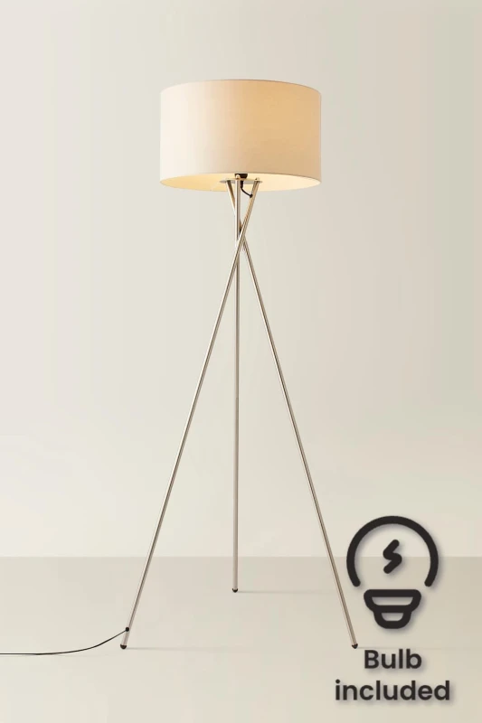 Image of ValueLights ValueLights Camden Brushed Chrome Tripod Floor Lamp with Drum Lamp Shade and Bulb in Natural Natural One Size Unisex 5055759992880