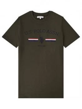 Image of U.S. Polo Assn. Boys Striped Rider Print Short Sleeve T-Shirt - Khaki, Size 8-9 Years