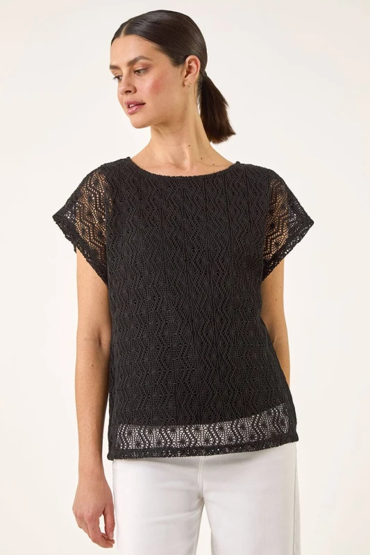 Image of Roman Womens Lace Overlay Stretch Top in Black Size: 20 Black Female 20