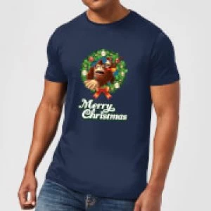 Image of Nintendo Donkey Kong Diddy Kong Merry Christmas Smaller Wreath Navy T-Shirt - M - Navy