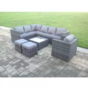 Image of Fimous 7 Seater Outdoor Dark Grey Rattan Lounge Complete Sofa Set with Square Coffee Table and 2 Stools