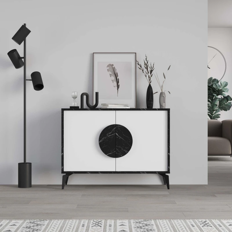 Image of DECORTIE Decortie - Gora Console Sideboard Display Unit 110Cm - Black Marble Effect / White - White M.K.23938.4