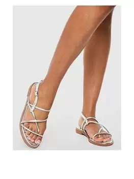 Image of Boohoo Wide Fit Multi Strap Flat Sandal - Silver, Size 5, Women