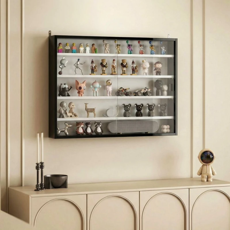 Image of HOMCOM 5-Tier Wall Display Shelf Cabinet with Glass Doors, Black & White Multicolor Unisex