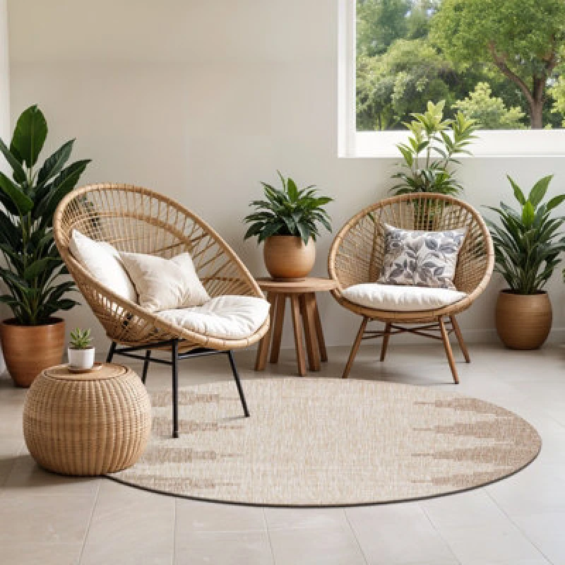 Image of Livabliss Round In- & Outdoor Global Beige Rubal Area Rug 160 X 160 Cm - Easy To Clean, Perfect For Patio, Balcony, Kitchen Or Dining Room