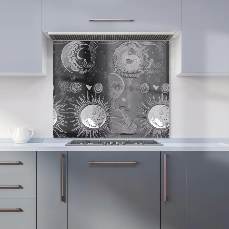 Image of Warren Reed - Designer Black Grey Abstract Sun & Moon Kitchen Splashback Size: 700mm x 750mm Grey Unisex 700mm x 750mm
