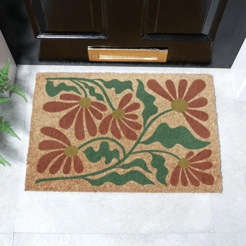 Image of Artsy Doormats Red And Green Quirky Floral Pattern Doormat (60 X 40Cm)