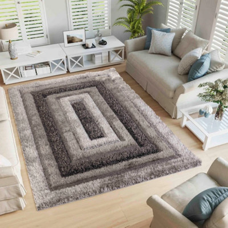 Image of Modern Soft Bordered Shimmer Shaggy Area Rugs Grey 80X150 Cm