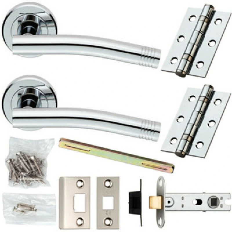 Image of Loops Door Handle & Latch Pack Chrome Modern Angled Arch Bar on Screwless Round Rose Multi