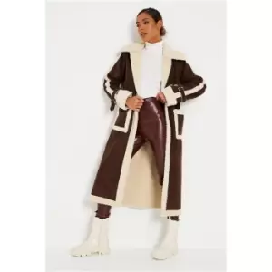 Image of I Saw It First Chocolate Premium Maxi Length Faux Suede Trench Coat With Borg Trims - Brown