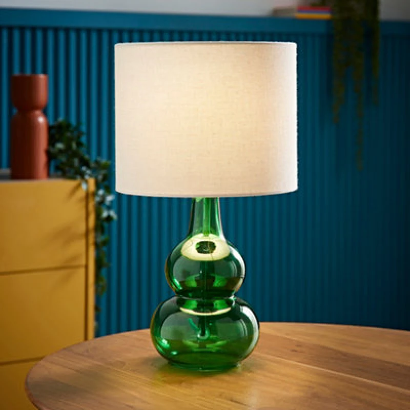Image of ValueLights ValueLights Aida Natural Linen Tall Shade Bright Bubble Glass Table Lamp and Bulb in Bright Green Bright Green One Size Unisex 50594060662
