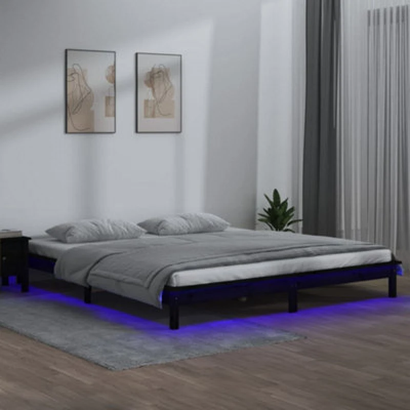 Image of vidaXL LED Bed Frame Black 120x190cm Small Double Solid Wood, Black 820645