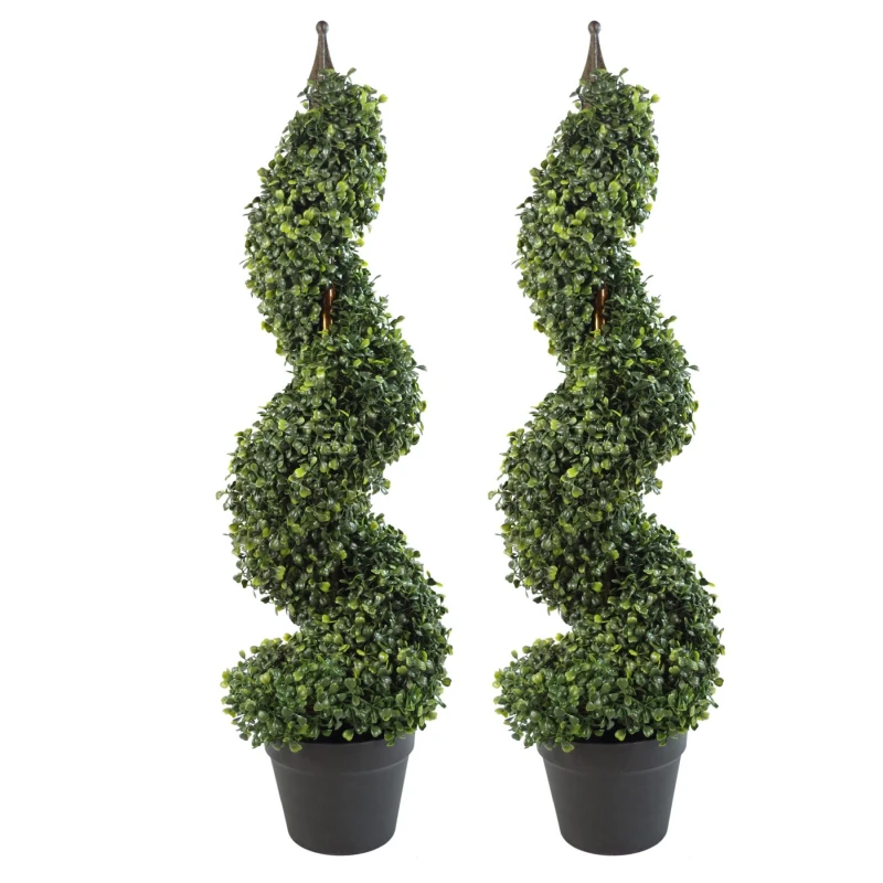 Image of Leaf Design Pair of 90cm (3ft) Tall Artificial Boxwood Tower Trees Topiary Spiral Metal Top