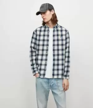 Image of AllSaints Mens Usu Long Sleeve Check Shirt, White/Blue, Size: M