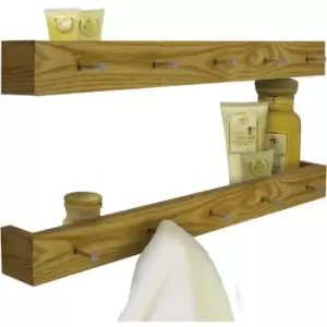 Image of Ellis - 2 pack - Wall Mounted 80cm Floating Shelf with 5 Hooks - Oak - Oak
