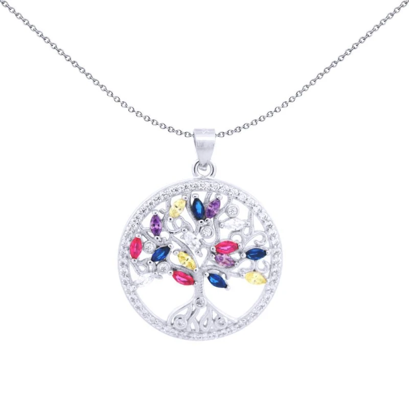 Image of Jewelco London Silver Rainbow Marquise CZ Circle Tree of Life Charm Pendant - APD225 Silver