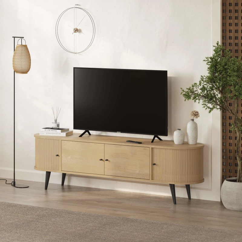 Image of Decortie TV Unit Up To 70" Tvs Modern 2 Door & 2 Sliding Storage TV Cabinet Living Room, Office, Oak, Cream 8683628015469