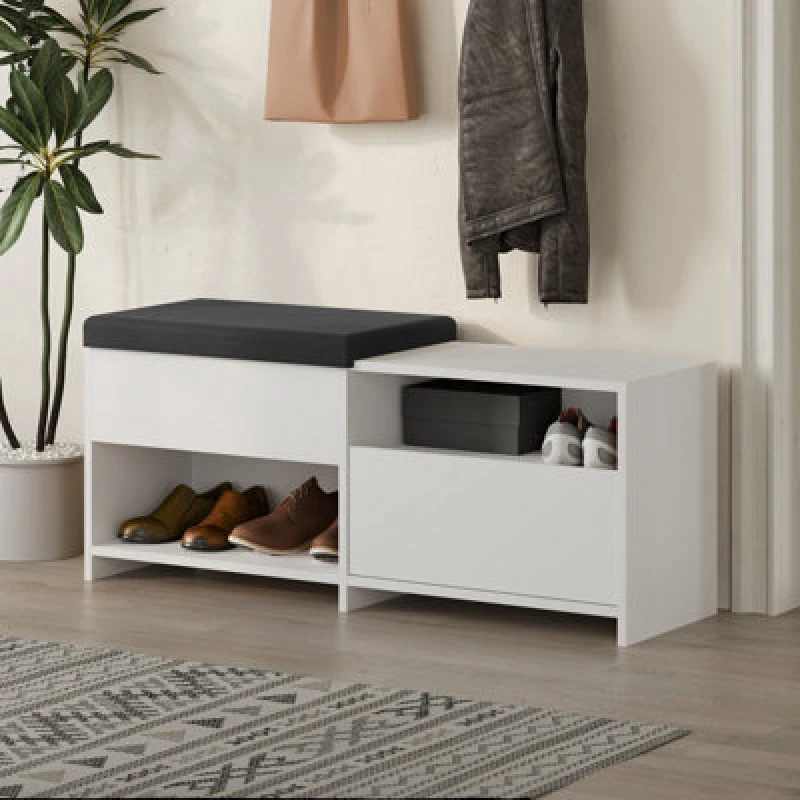Image of Decortie Modern Filux Shoe Bench Rack White Sliding Fabric Seat And 120.3(W) Storage Cabinet 2-Tier Open Shelves Hallway