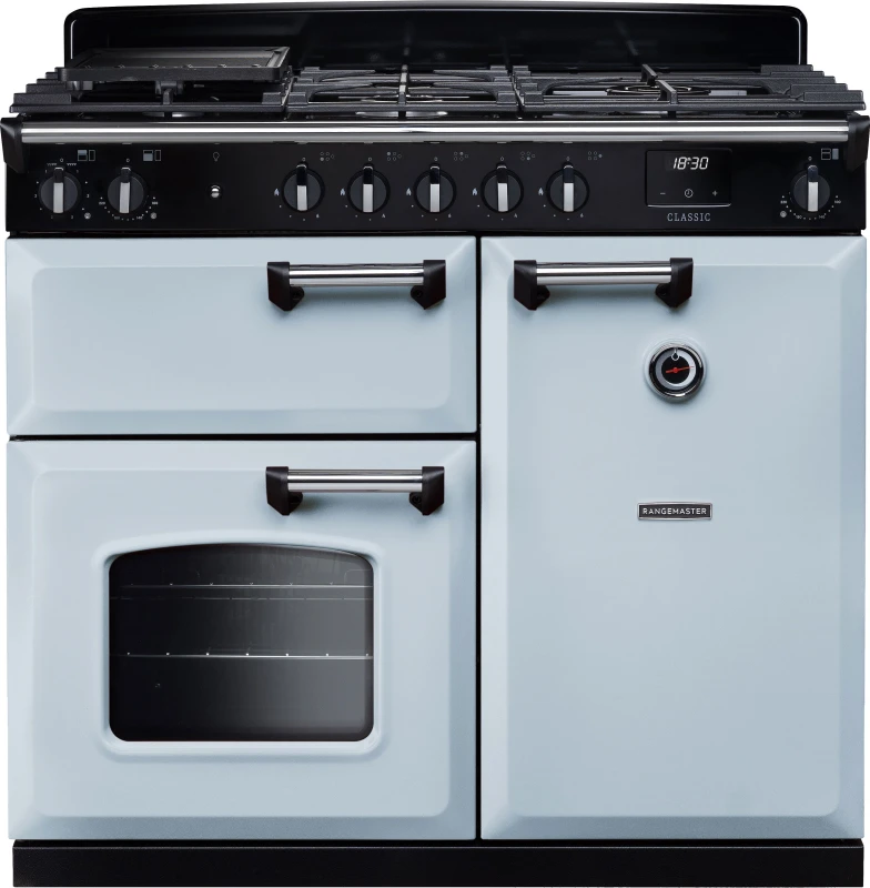 Image of Rangemaster Classic CL100DFPMSB/CM1 100cm wide Dual Fuel Range Cooker with Gas Hob - Misty Blue / Chrome - A Rated