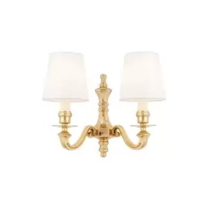 Image of Interiors Fenbridge - 2 Light Shade Candle Wall Light Solid Brass, Vintage White Silk Shade, E14