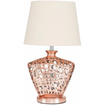 Image of Copper Lattice Vase Table Lamp With Tapered Light Shade - Beige