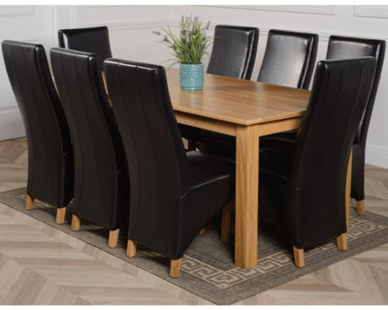 Image of Thats Furniture Oslo 180 x 90cm Large Oak Dining Table & 8 Lola Leather Chairs in Black Unisex 180 x 90 cm