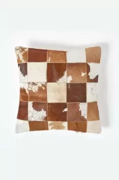 Image of Beige and Cream Real Leather & Goat Hair Small Check Cushion with Feather Filling