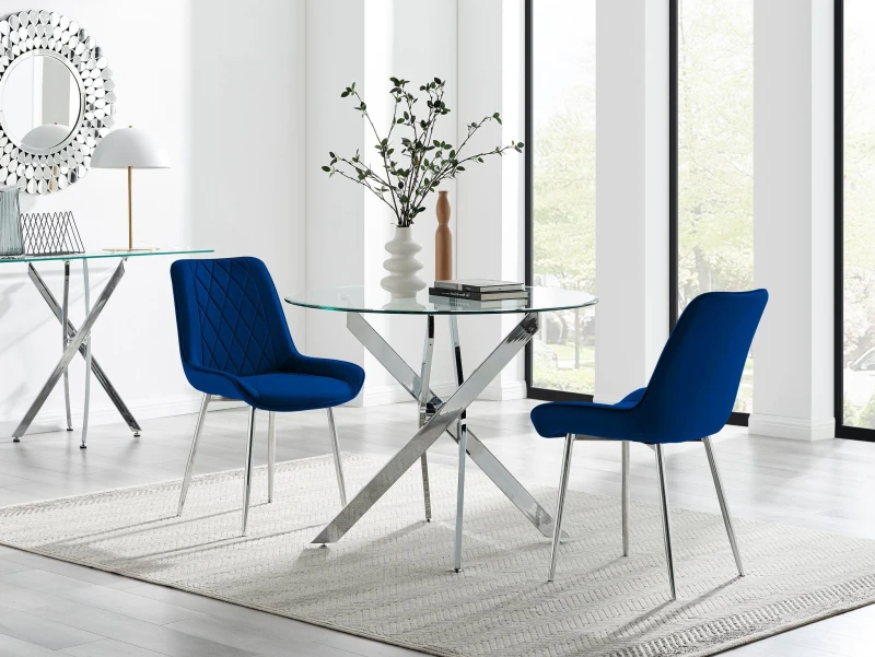 Image of FurnitureboxUK FurnitureboxUK Novara 100cm Round Dining Table and 2 Pesaro Silver Leg Chairs in Navy Navy One Size Unisex 5061064381059
