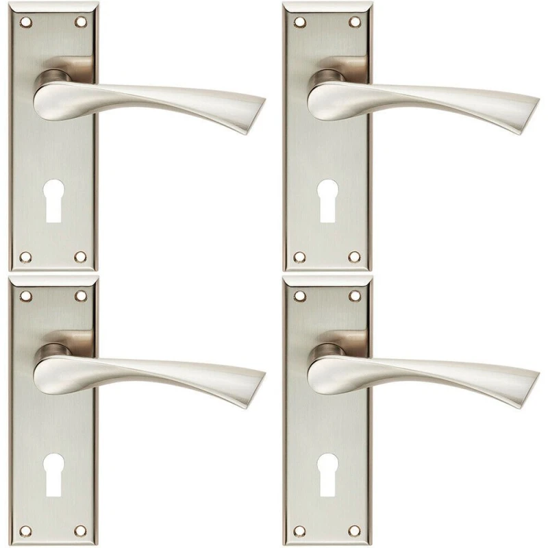 Image of Loops 4x PAIR Angular Lever on Lock Backplate Door Handle 150 x 50mm Satin Nickel Metallics