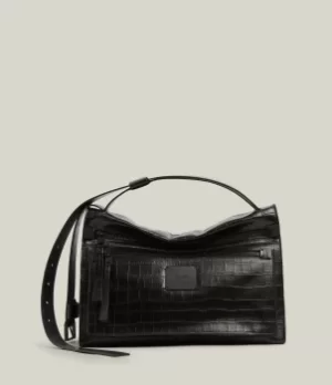 Image of AllSaints Womens Duro Leather Shoulder Bag, Black Croc/black