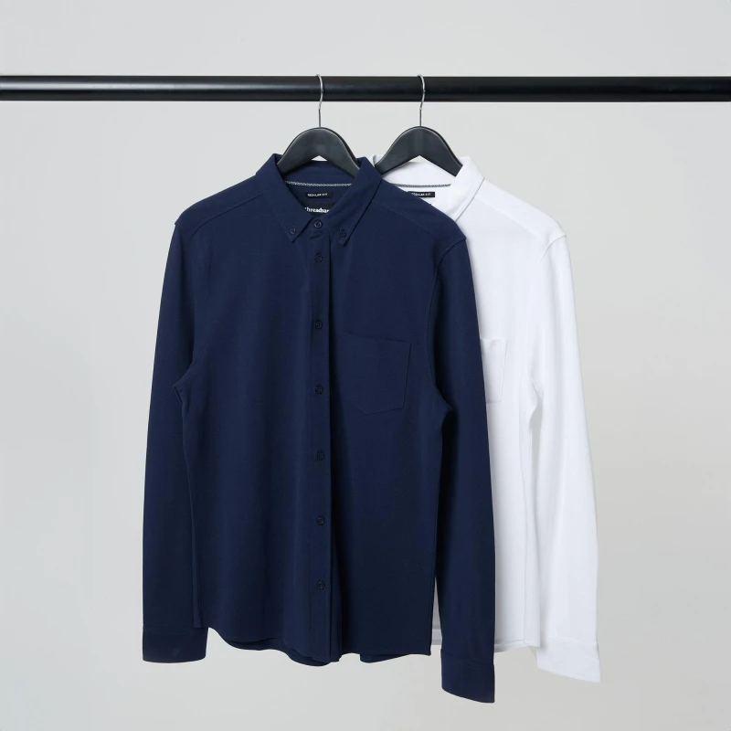 Image of Threadbare 2- Pack 'Gurnard' Cotton Pique Jersey Long Sleeve Shirts Navy