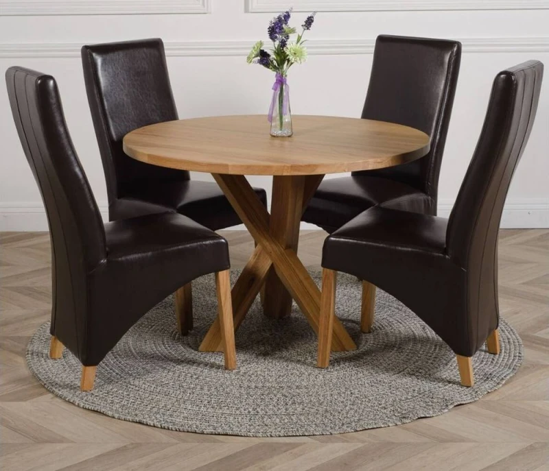 Image of Thats Furniture Oregon Round Oak Dining Table & 4 Lola Leather Chairs in Brown Brown Unisex