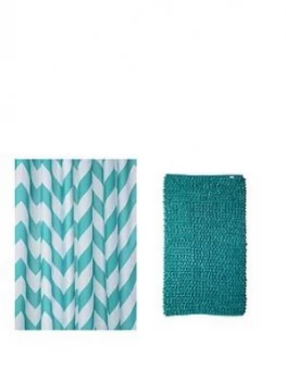 Image of Croydex Chevron Shower Curtain And Bathmat Set ; Aqua